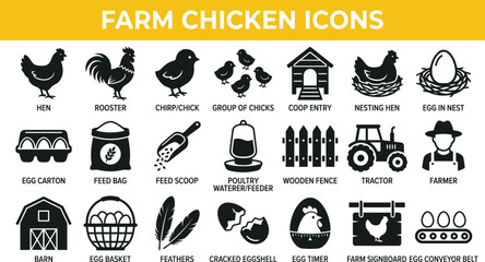 Farm chicken and poultry farming icon collection. black line icons for agriculture including hen house and feeding equipment © Drow Dx