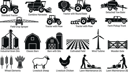 Agriculture and farming equipment silhouette vector icon set featuring harvester combine tractor barn house and field layout icons design © Drow Dx