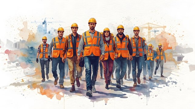 International Labor Day on May 1 with a group of workers in watercolor style, the concept of a banner with congratulations on the world holiday