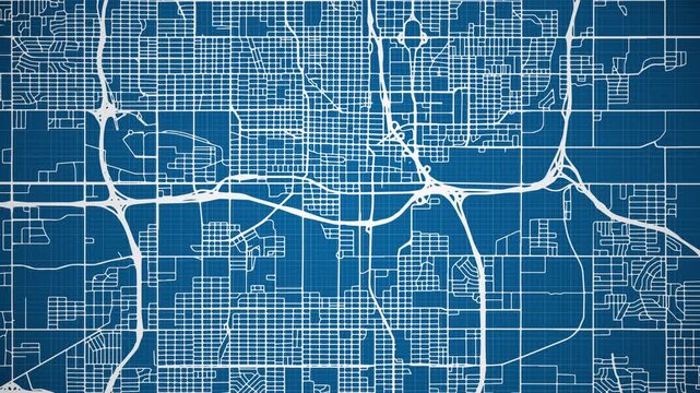 Ink reveal animation of Oklahoma City, Oklahoma (OK), United States of America, grid map. Aerial top view. Blueprint style. White lines with blue background. 4K Seamless loop.