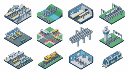 Isometric collection of modern transportation hubs and vehicles, including trains, buses, and stations. © Lucas