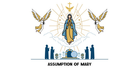 Obraz premium Assumption of Mary with Angels and Holy Spirit Christian Catholic Religious Vector Illustration