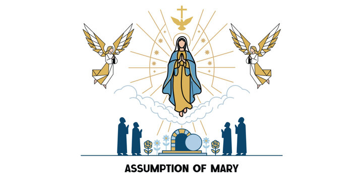 Assumption of Mary with Angels and Holy Spirit Christian Catholic Religious Vector Illustration