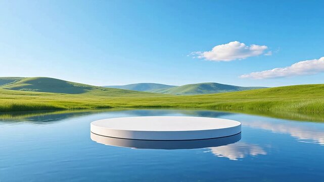 Floating platform in serene landscape