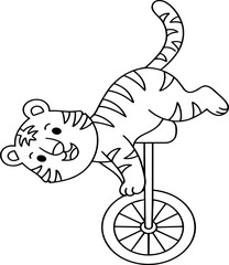 Cute cartoon tiger character riding a unicycle cycle while doing a balancing act circus performance coloring page outline vector illustration background © Sumaiya Akter Sweety