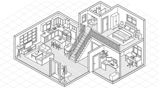 A detailed isometric illustration of a modern house interior with multiple rooms.