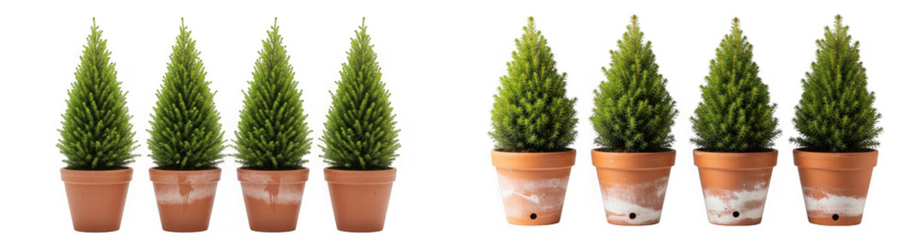 Set of eight small potted evergreen trees isolated on transparent background