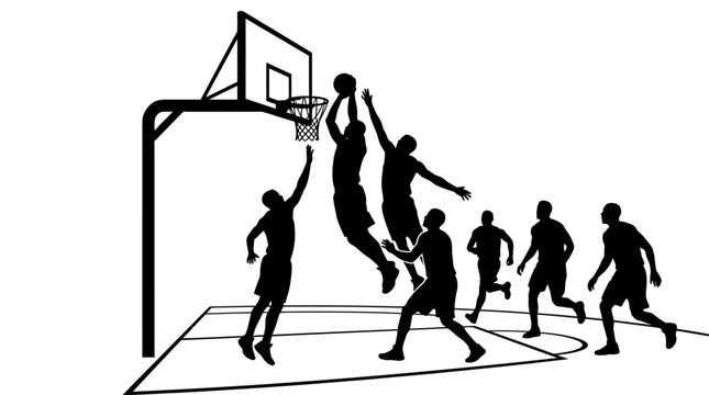 Black silhouette of basketball players jumping and playing a match on a court with a hoop