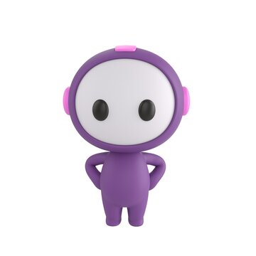 Cute 3D render Purple Bot character standing with hands on hips, confident and assertive mascot style, isolated on white background for leadership, attitude, and digital design.