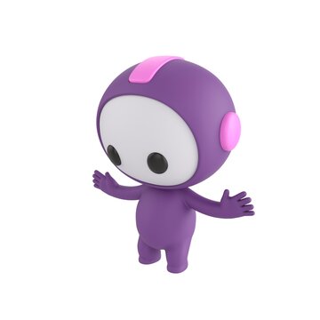 Cute 3D render Purple Bot character standing still and reacting with surprise to something in front, shocked and expressive mascot style, isolated on white background.
