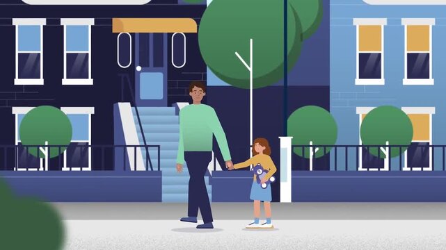 Caring Father Walking and Holding Hands with Small Daughter on Town Sidewalk Street 2D Animation