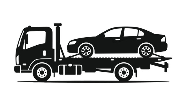 Tow truck transporting car on flatbed trailer silhouette vehicle recovery transportation