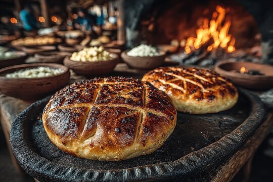 Close-up of sizzling grilled meat patties on hot stone with flames in background