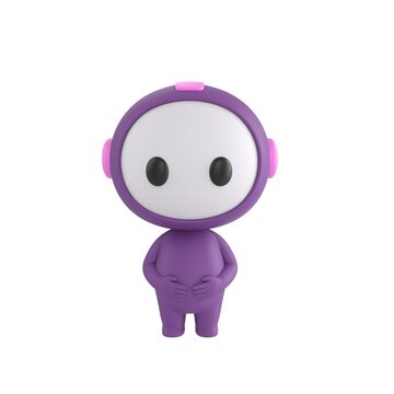 Cute 3D render Purple Bot character standing politely with both hands gently placed on the stomach, calm and respectful posture, friendly mascot style, isolated on white background.