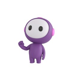 Naklejka premium Cute 3D render Purple Bot character raising one fist with confidence, head held high and looking upward, strong and determined pose, isolated on white background.