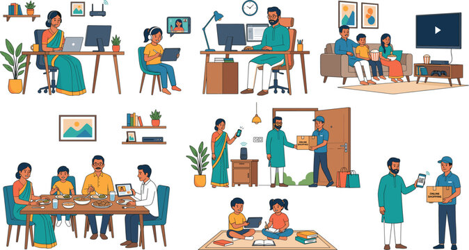 Modern Indian family daily lifestyle smart home technology and remote freelance work from home scenes vector illustration set
