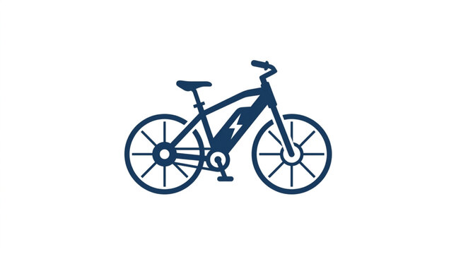 A stylized dark blue electric bicycle icon with a lightning bolt symbol on its battery pack, rendered as a clean vector graphic against a stark white background