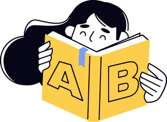 Minimalist illustration of a person reading a yellow book with a and b on the cover, isolated on transparent background © Saiful