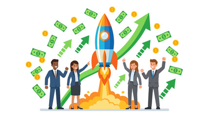 Rocket Ship With Cheering Business People Vector Illustration © Photo Sell