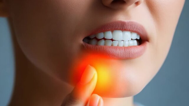 selective focus close up person touching cheek with glowing tooth pain effect