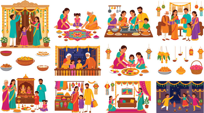 Traditional Indian festival family celebration scenes and happy diwali religious holiday ritual elements vector illustration set