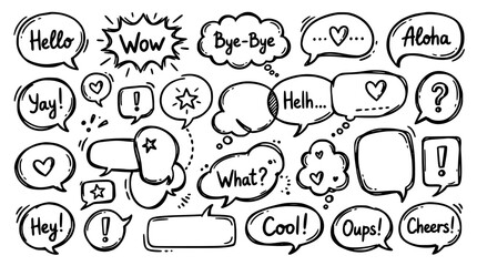 Obraz premium Speech Bubbles with Various Phrases and Symbols in a Black and White Line Drawing Style Featuring Illustration, Communication