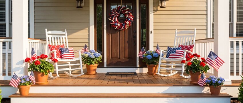 Festive american porch decor with rocking chairs patriotic wreath flags and blooming flowers evoking holiday spirit