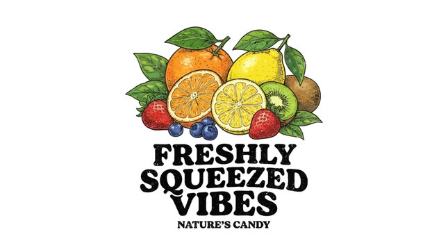 Collection of thirty-four vibrant organic fruit illustrations featuring clever typography slogans for graphic apparel design element set isolated on a clean white background.