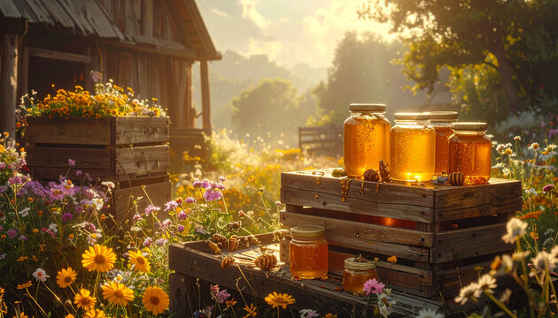 Golden honey jars displayed outdoors amidst blossoming flowers and wooden boxes