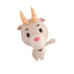 Obraz premium Cute 3D render Little Goat character looking up at the camera while gesturing to the side with one hand, friendly and welcoming pose, isolated on white background.