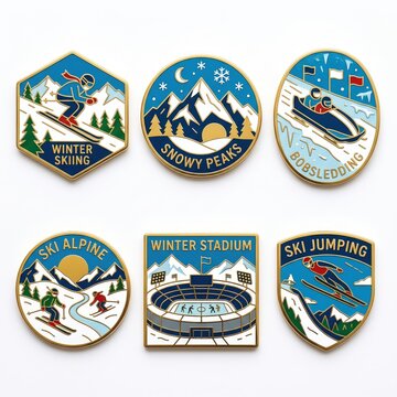 Vintage winter sports enamel pins collection, set of 6 retro ski and bobsledding badges, snowy peaks and alpine mountain resort souvenir pins