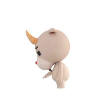 Cute 3D render Little Goat character turned sideways to the camera, pointing down at the ground in front, indicating focus or attention, isolated on white background.