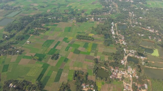 Aerial Landscape of Rural Farmland Patches with a Winding Road, River, and Scattered Houses Under Soft Daylight