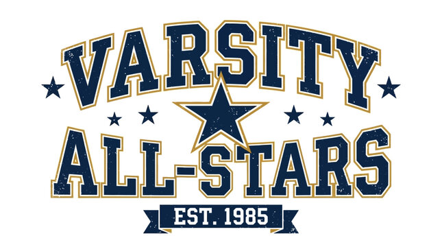 Set of sixteen vintage varsity style slogan emblem designs featuring star symbols isolated on a plain white background for athletic apparel and collegiate fashion graphic branding.