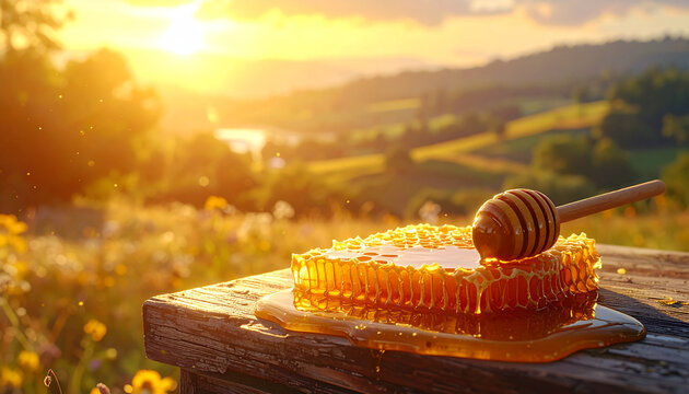 Golden honeycomb with honey dipper on wooden surface against landscape