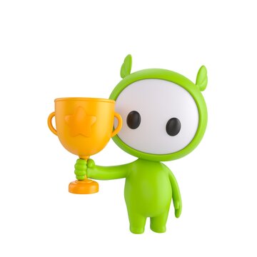 Cute 3D render Green Little Monster character standing and holding up a trophy, proud and celebratory pose, isolated on white background.