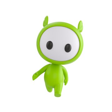 Cute 3D render Green Little Monster character walking calmly toward the camera, relaxed and friendly stride, isolated on white background.
