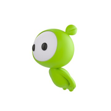 Cute 3D render Green Little Monster character flying forward through the air, dynamic motion pose with body stretched ahead, isolated on white background.