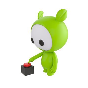 Cute 3D render Green Little Monster character pressing a red button with one finger, side view, focused and intentional action pose, isolated on white background.