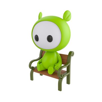 Cute 3D render Green Little Monster character sitting calmly on a bench, relaxed and peaceful pose, isolated on white background.