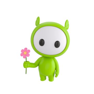 Cute 3D render Green Little Monster character standing and holding a flower, gentle and charming pose, isolated on white background.