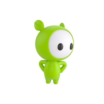 Cute 3D render Green Little Monster character standing with hands on hips, body facing forward while looking to the side, confident and thoughtful pose, isolated on white background.