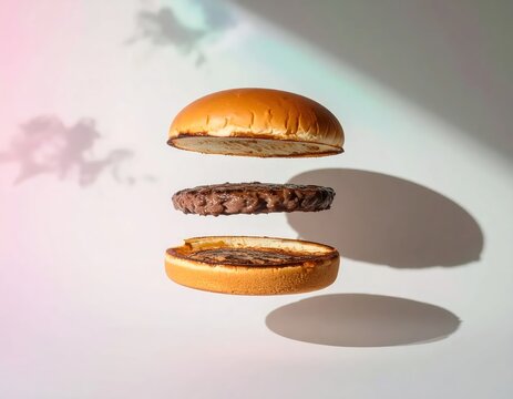 Floating Burger Components Suspended Mid-Air Studio Shot.