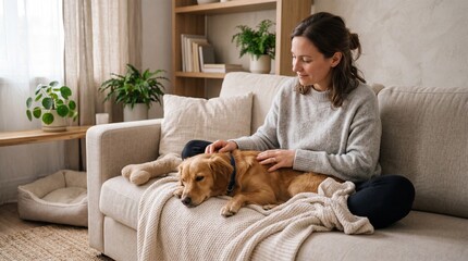 Obraz na płótnie Canvas Woman relaxing on a sofa petting a golden retriever in a cozy living room with plants, soft blanket and neutral decor, creating a calm home lifestyle scene for pet care and comfort themes