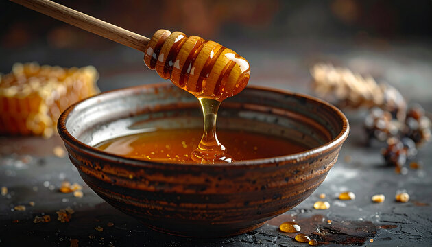 Honey dripping from a wooden dipper into a ceramic bowl closeup shot