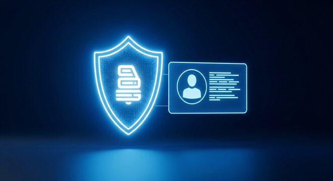Neon-lit shield icon with a document and user ID card on a dark background with blue glow and reflections.