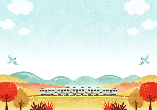 電車と紅葉した秋の風景 秋晴れの青空と自然の水彩背景イラスト