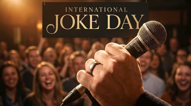 Person holding microphone on stage for international joke day performance