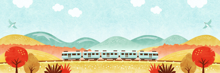 Fototapeta premium 電車と紅葉した秋の風景 秋晴れの青空と自然の水彩のバナー背景