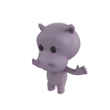 Cute 3D render Hippopotamus character standing still and reacting with surprise to something in front, shocked and expressive mascot style, isolated on white background.